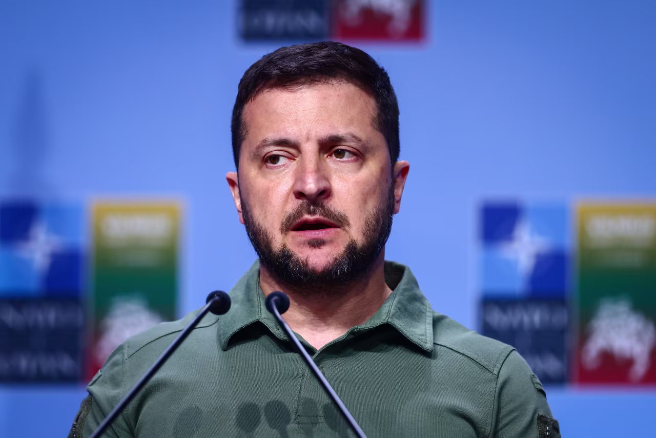 Ukrainian President Volodymyr Zelensky speaks at a press conference during NATO Summit in Vilnius, Lithuania on July 12.