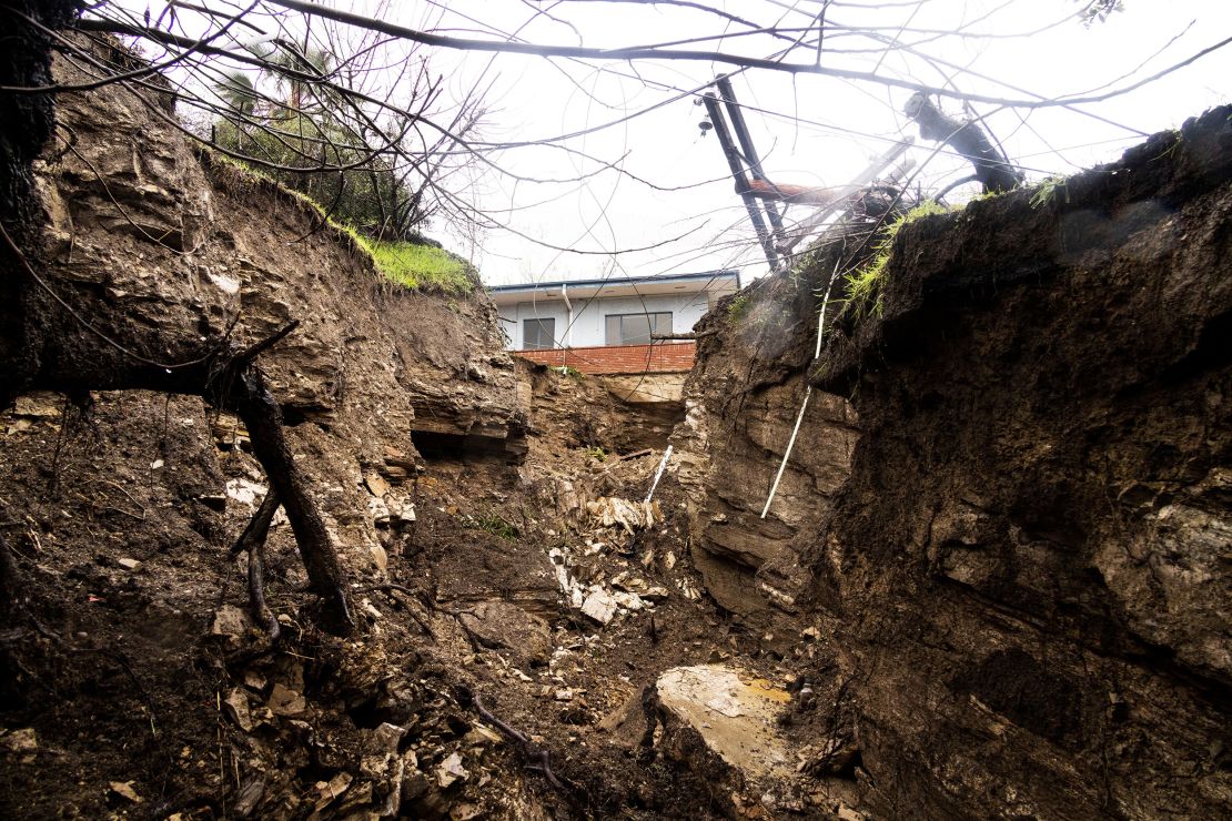 A house stands on top of a landslide in Encino on Monday.