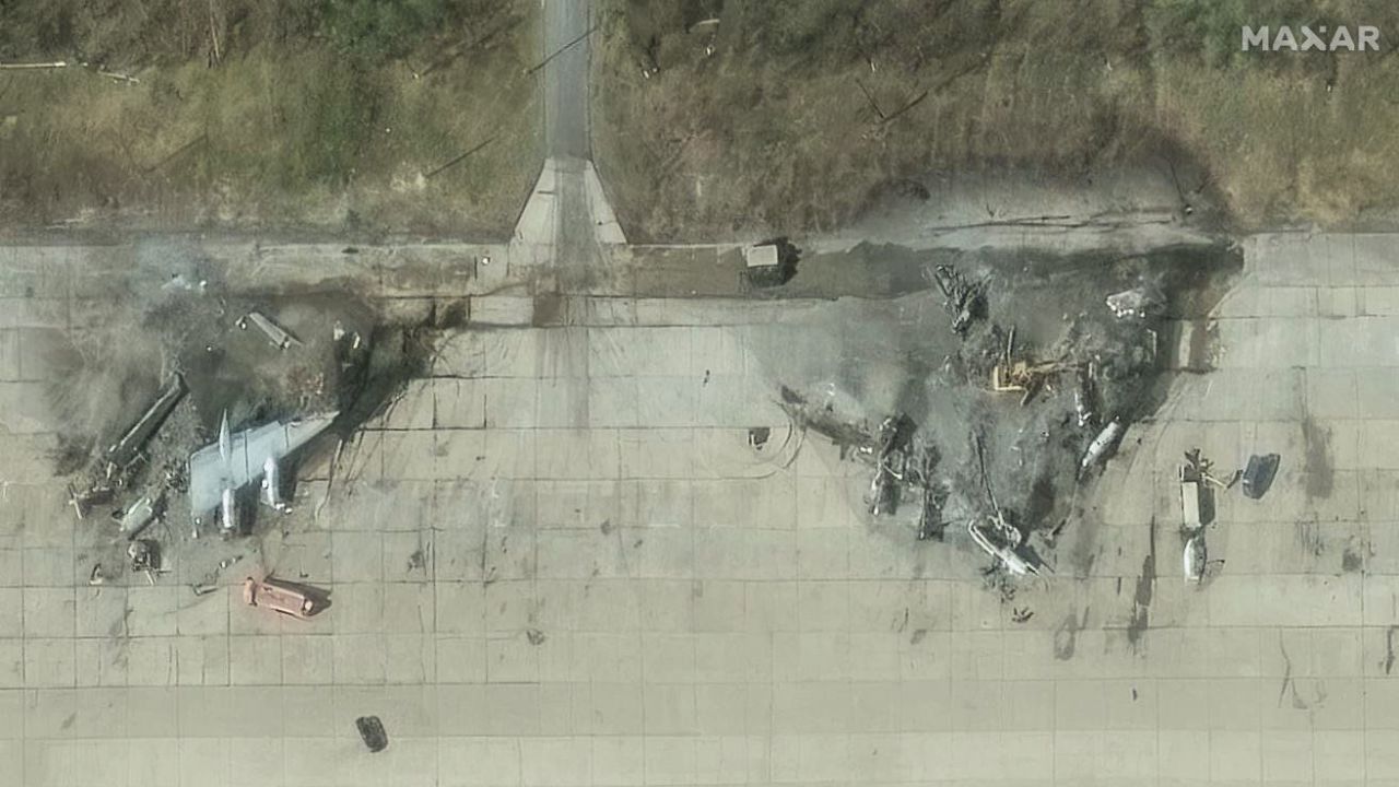 This satellite image shows destroyed Tu-95 strategic bombers on June 4, 2025, following Ukraine's drone strikes on Russia's Olenya Airbase.
