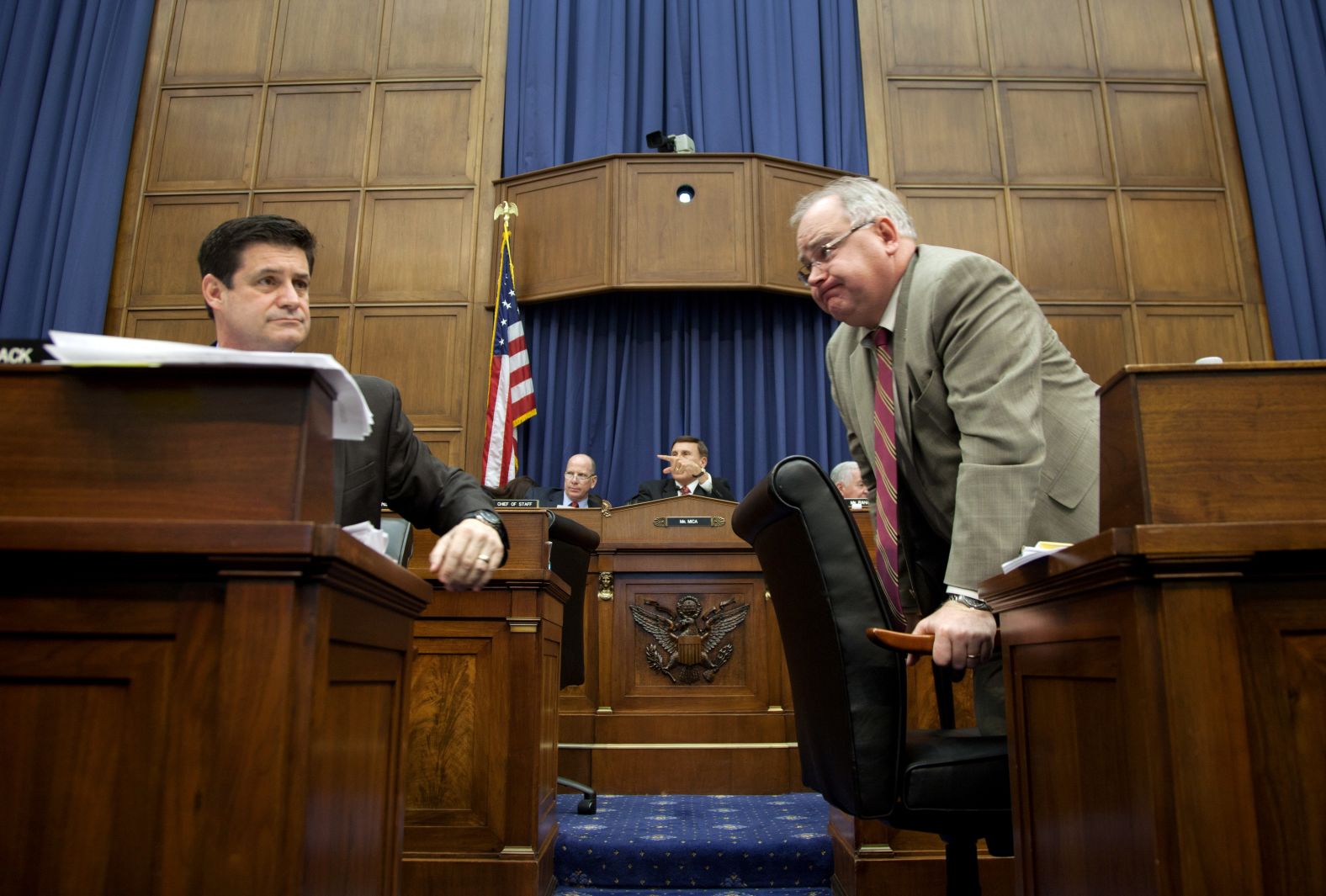 Walz, right, looks at fellow Minnesota Rep. Chip Cravaack during a meeting of the House Transportation and Infrastructure Committee in February 2012.