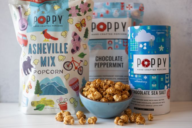 This holiday season $2 from every online purchase of Poppy Handcrafted Popcorn’s Asheville Mix Artist bag will go to helping Asheville entrepreneurs after Hurricane Helene.