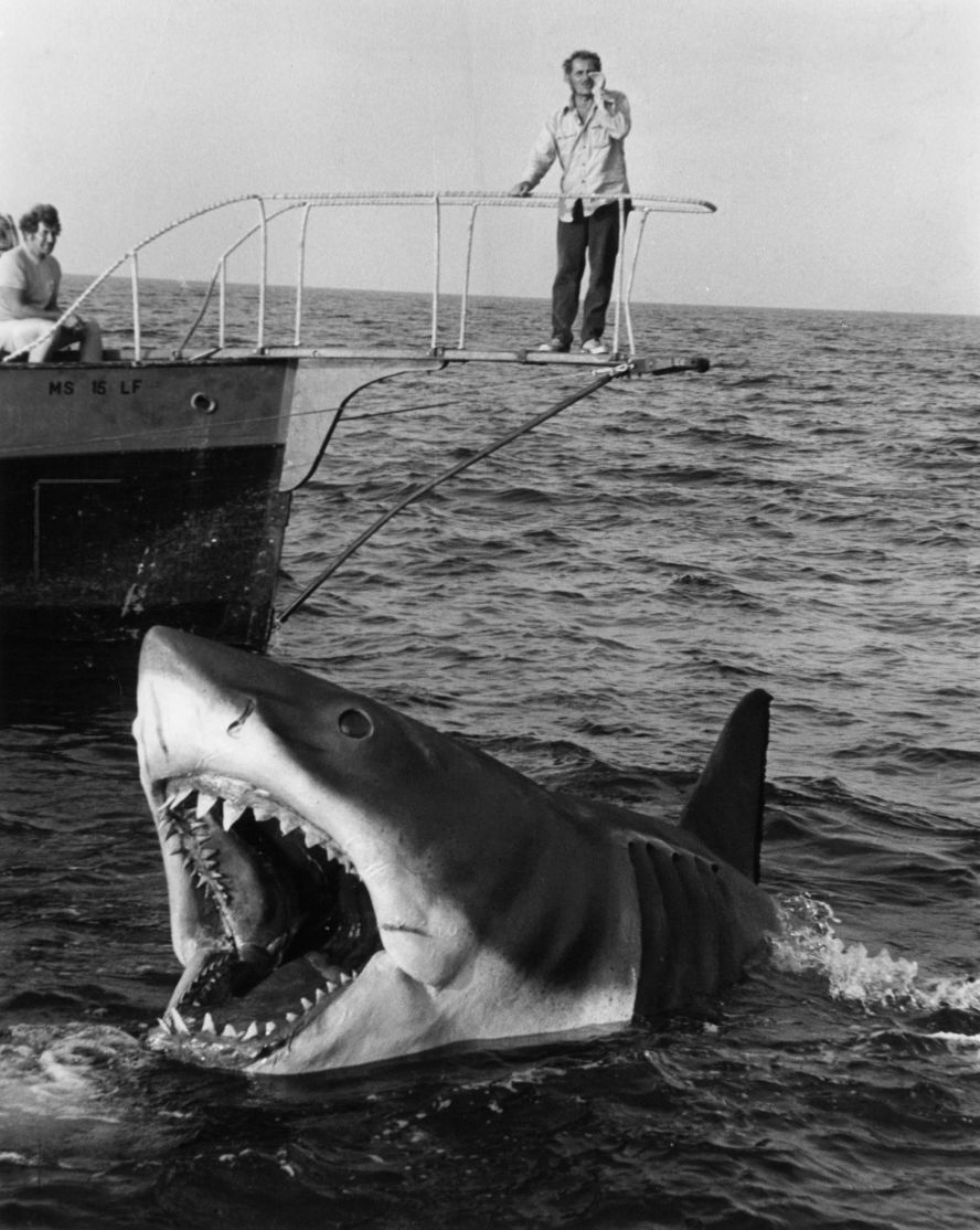 Shaw admires the mechanical shark from the stern of the Orca, during one of the rare moments the figure was actually operating.