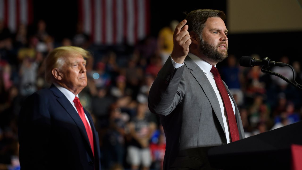 YOUNGSTOWN, OH - SEPTEMBER 17: Republican Senate candidate JD Vance and former President Donald Trump speak at a Save America Rally to support Republican candidates running for state and federal offices in the state at the Covelli Centre during on September 17, 2022 in Youngstown, Ohio. Republican Senate candidate JD Vance and Rep. Jim Jordan(R-OH) spoke to supporters along with Former President Trump.(Photo by Jeff Swensen/Getty Images)