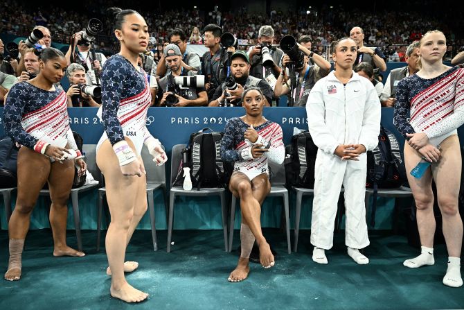 From left, Chiles, Lee, Biles, Rivera and Carey wait between events. Rivera was the team’s alternate.