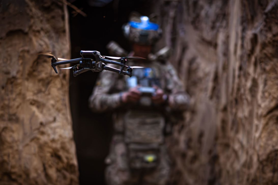 A soldier of the 23rd Mechanized Brigade operates an FPV drone in Ukraine on June 2.