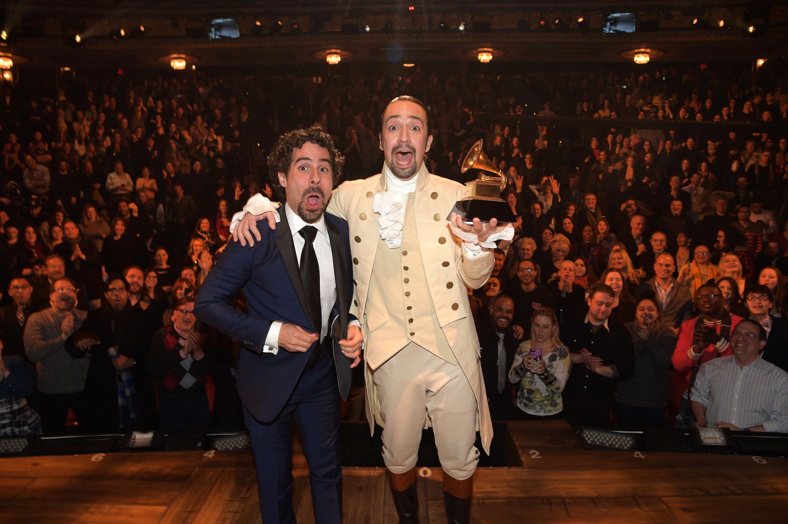 Lacamoire and Miranda celebrate after winning the Grammy Award for best musical theatre album in February 2016.