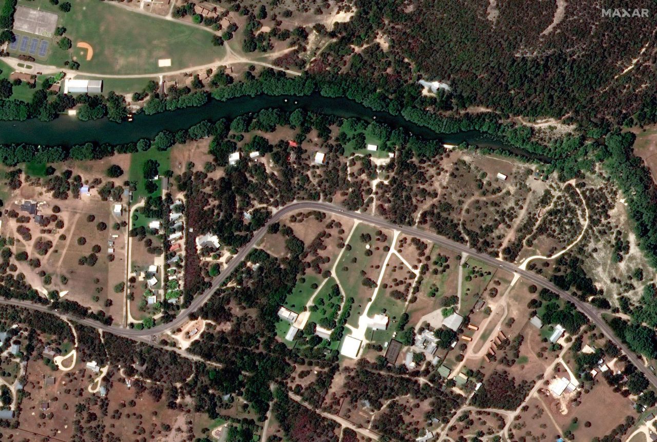 A satellite image of the Guadalupe River along State Highway 39 on June 23, 2023.