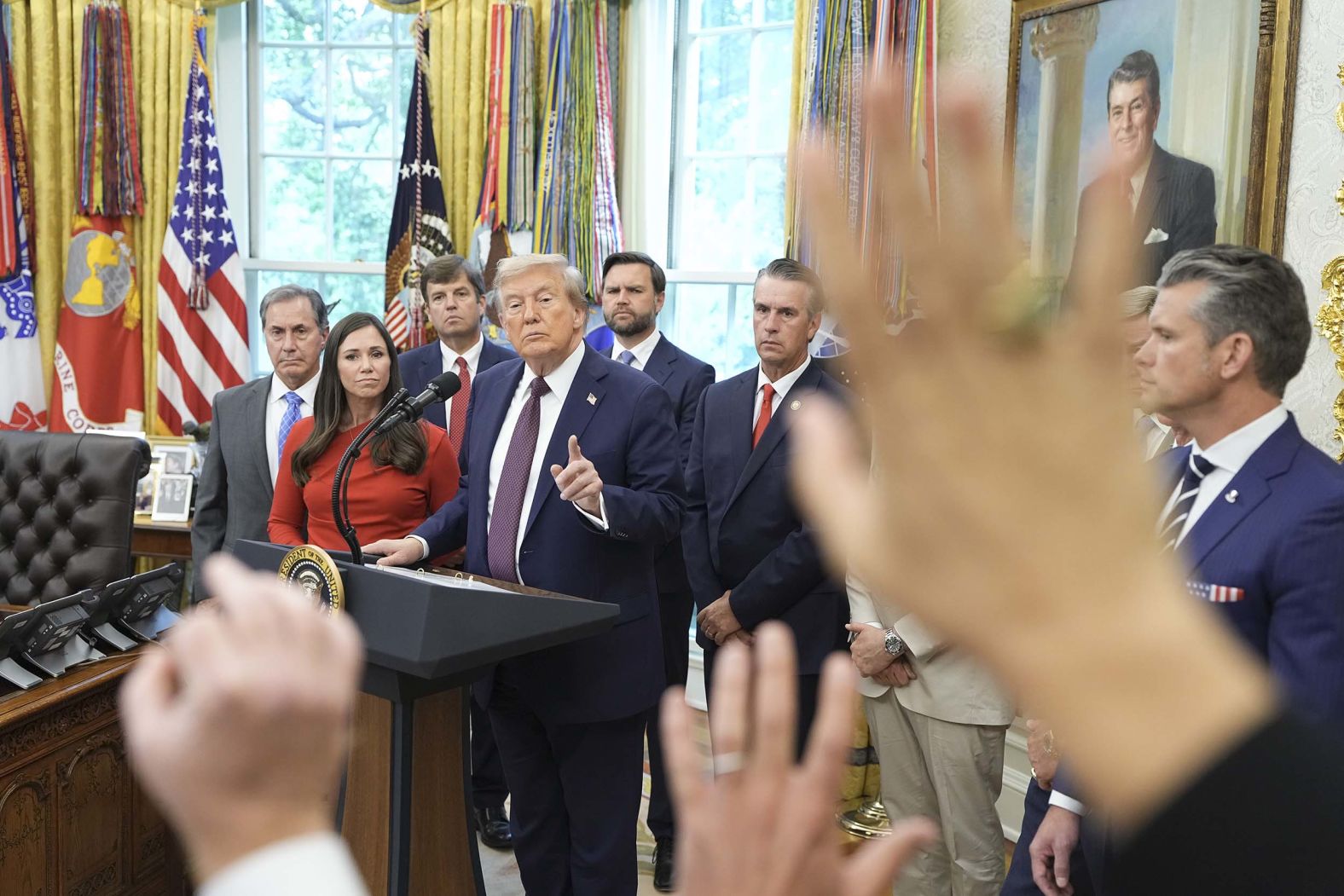 US President Donald Trump takes questions from reporters inside the White House Oval Office on Tuesday, September 2. Trump said he would be <a href="index.php?page=&url=https%3A%2F%2Fwww.cnn.com%2F2025%2F09%2F02%2Fscience%2Ftrump-space-command-huntsville-alabama">moving the military’s US Space Command to Huntsville, Alabama</a> — undoing a decision by the Biden administration to keep operations in Colorado Springs, Colorado.