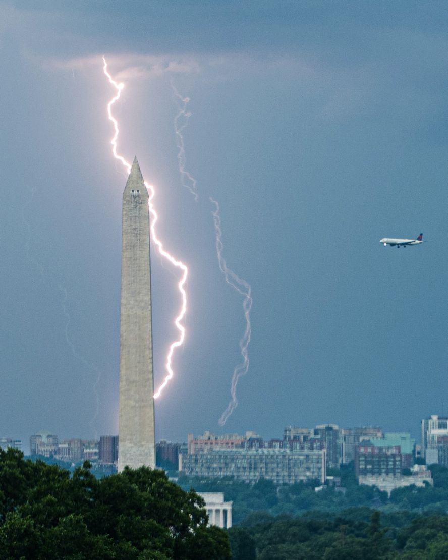 Lightning strikes near the National Mall in Washington, DC, on Tuesday, July 1.
