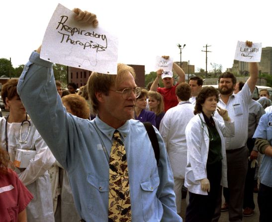 Ron West, a respiratory therapist, assists in organizing groups of medical volunteers at St. Anthony Hospital after the explosion.