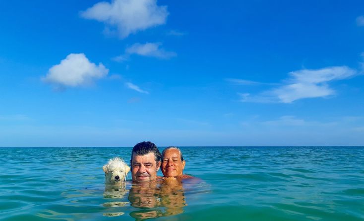 <strong>'Magical' life:</strong> In 2017, Skouras and her husband Bruno Bardavid, pictured with their dog Albert, relocated from California to Merida in Yucatan.