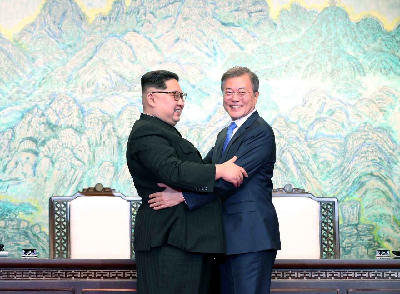 North Korean leader Kim Jong Un and South Korean President Moon Jae-in embrace after signing the Panmunjom Declaration for Peace, Prosperity and Unification of the Korean Peninsula during the Inter-Korean Summit.