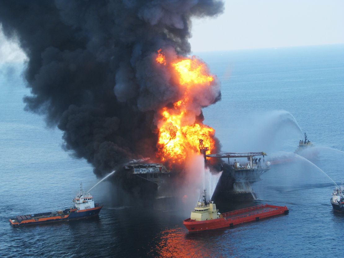 Fireboats battle a blaze at the offshore oil rig Deepwater Horizon in April 2010 in the Gulf of Mexico.