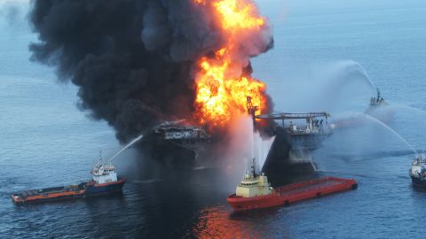 Fire boats battle a fire at the off shore oil rig Deepwater Horizon on April 21, 2010, in the Gulf of Mexico.