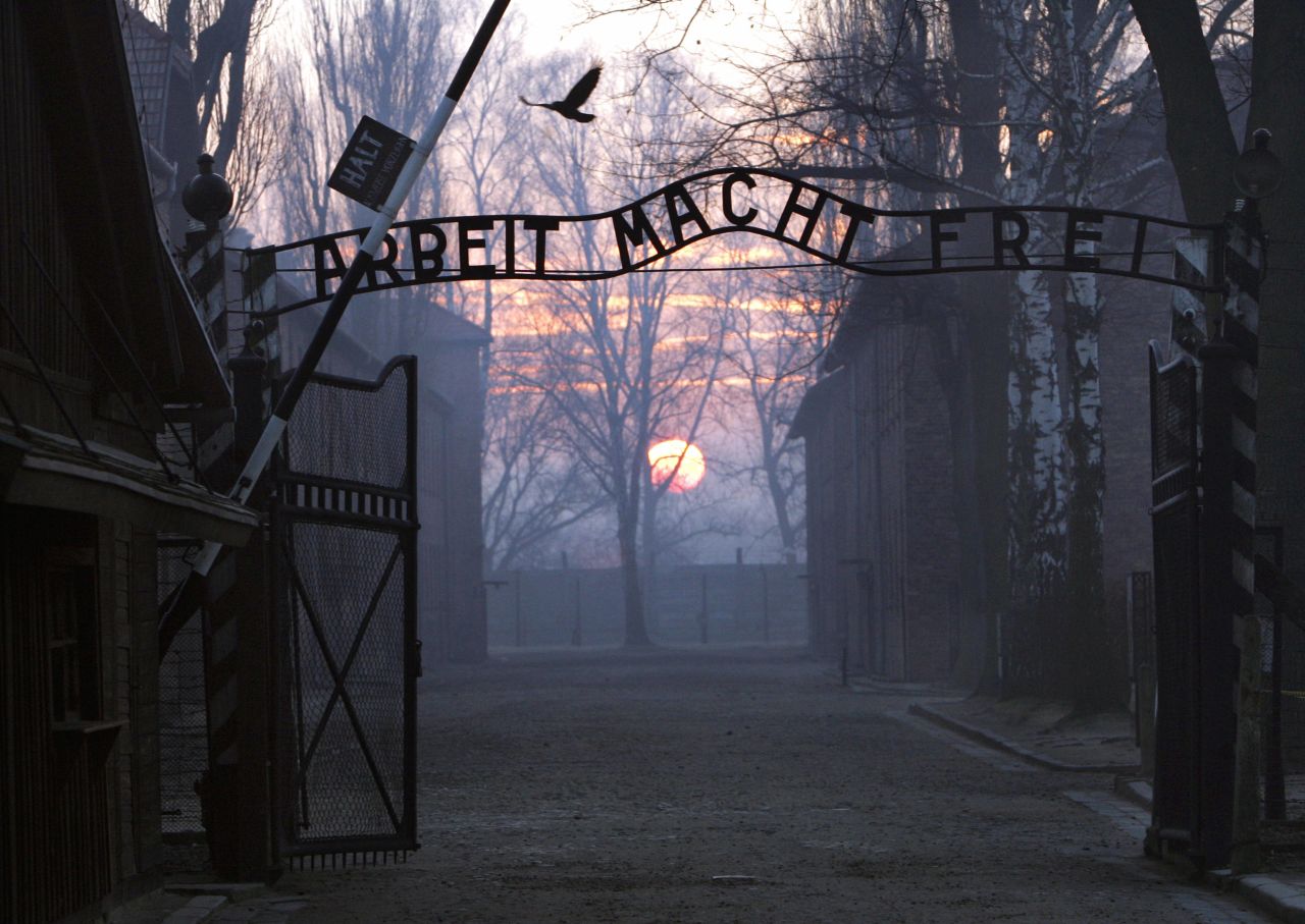 The gates of Auschwitz-Birkenau, the largest and most notorious concentration and extermination camp of Germany's Nazi regime.  Declared a UNESCO World Heritage Site in 1979, 1.5 million people, the majority  of them Jewish, were starved, tortured and murdered within its walls.