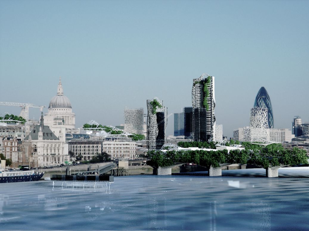 <strong><em>Buildings that live and breathe</em></strong><br /><br />Over the next 40 years, buildings could be biologically programmed to extract carbon dioxide (CO2) out of the atmosphere. This artist's impression shows the potential for London's "living skyline" as envisaged by award-winning architect Richard Hyams.<br /><br />Synthetic biology techniques are being used by Rachel Armstrong at the University of Greenwich to engineer "protocells" which undergo simple chemical reactions when they come into contact with CO2, therefore absorbing the gas and preventing it from rising up into the atmosphere. They could one day be incorporated into regular paint: one possible reaction could be to produce limestone, which could in turn heal fractures in a wall or add insulation. <br /><br />Other urban designs such as the Bo02 project in Malmo (Sweden) incorporate vegetation into walls and rooftops to reduce surface water. And architect Carlo Ratti from MIT is developing canopies of algae, known an <a href="http://www.carloratti.com/project/algaetecture/" target="_blank" target="_blank">algaetecture</a>, for use in buildings to both absorb CO2 and produce biomass for use as food. 