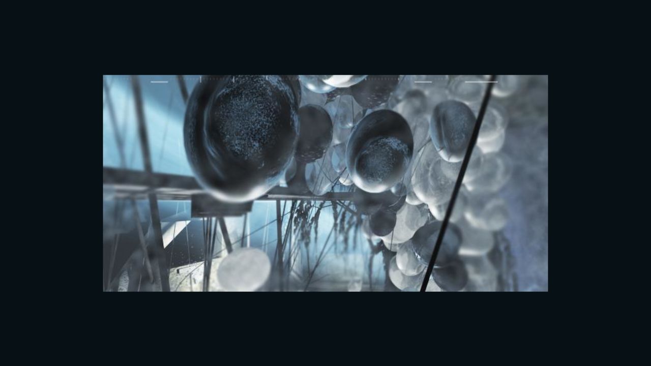 A drawing of protocells reacting with carbon to produce artificial limestone shells.