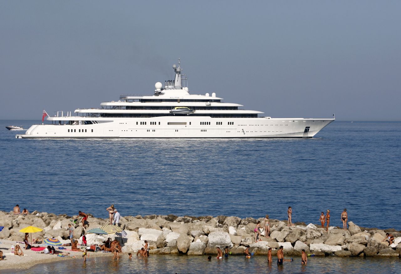 Roman Abramovich's gigayacht Eclipse. The largest private yacht in the world at 163 meters, "Eclipse" is believed to feature around 24 guest cabins, two swimming pools, and a mini-submarine.