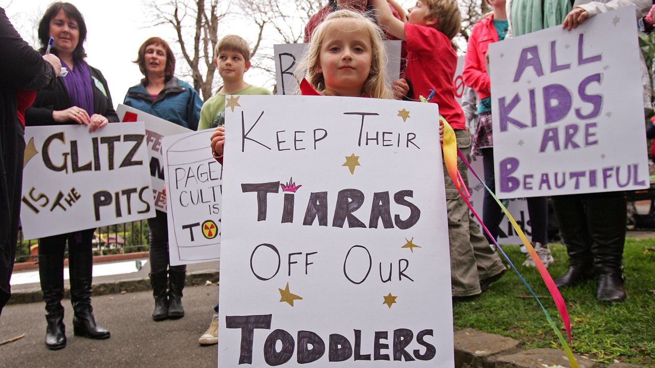 A girl protests a child beauty pageant hosted by the U.S. company behind "Toddlers and Tiaras" in Melbourne, Australia.