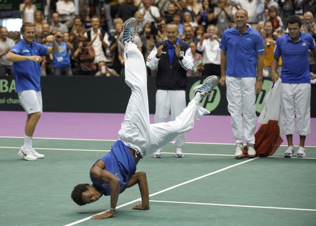 Monfils dances in front of his teammates after France beat Argentina in last year's Davis Cup semifinals on home soil in Lyon.