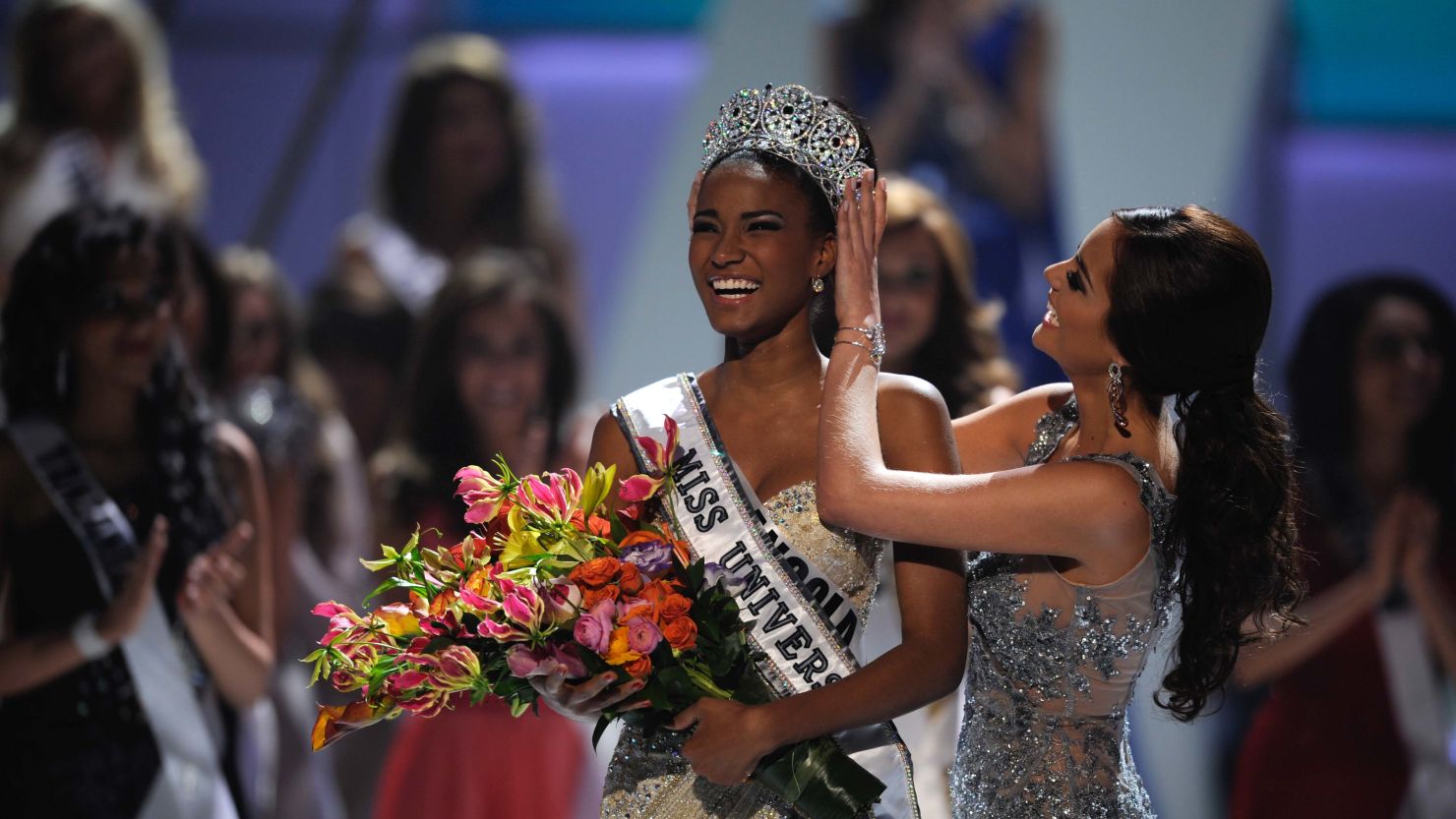 Miss Angola 2011, Leila Lopes, takes the crown Monday night as Miss Universe from last year's winner,  Miss Mexico.