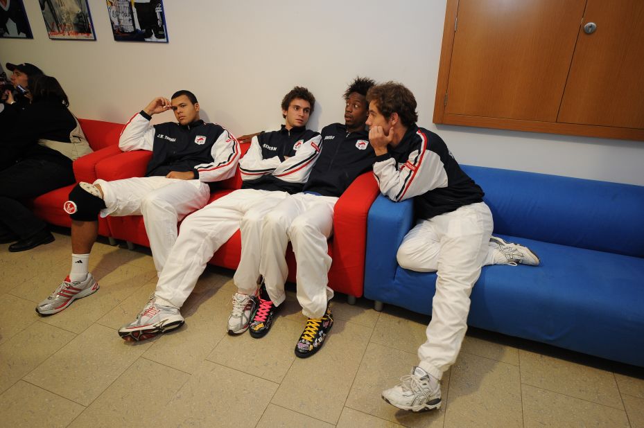 From left: Jo-Wilfried Tsonga, Gilles Simon, Gael Monfils and Richard Gasquet prepare for their 2011 Davis Cup challenge.