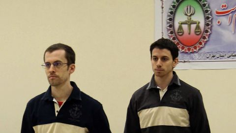 Imprisoned U.S. hikers Shane Bauer, left, and Josh Fattal arrive for their trial on spying charges in Tehran  in a photo from Iran's state-run Press TV .