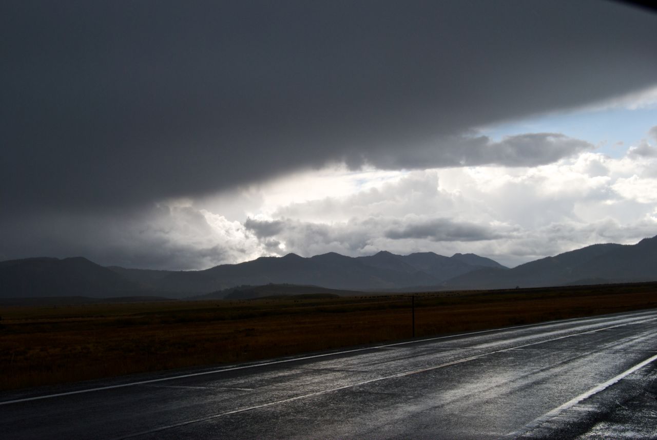 The open road after an Idaho rainfall.