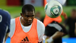Samuel Eto'o eyes a ball during his first training session in Russian Premier League's football club FC Anzhi Makhachkala on September 10, 2011 in Makhachkala.