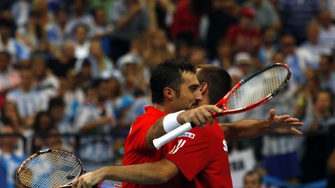 Nenad Zimonjic and Viktor Troicki celebrate their doubles victory for Serbia in Belgrade