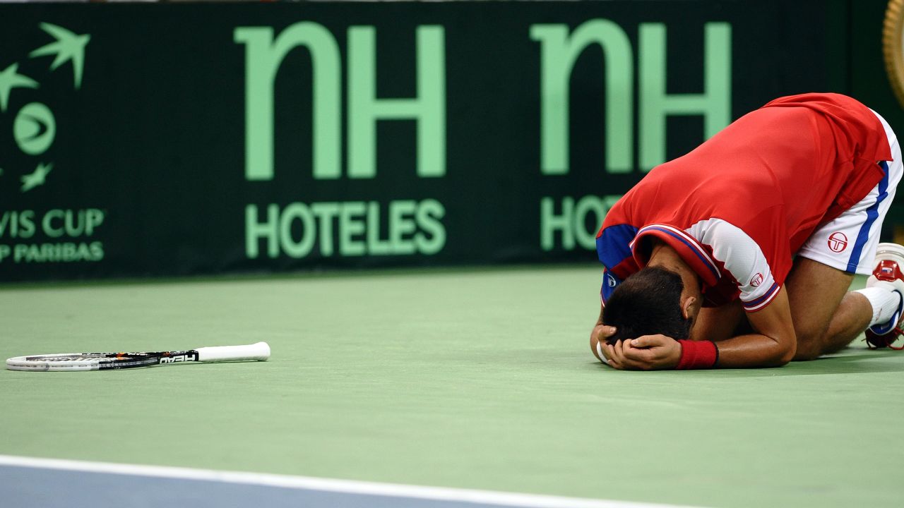 Novak Djokovic collapses in a heap before retiring injured in his Davis Cup rubber against Juan Martin Del Potro