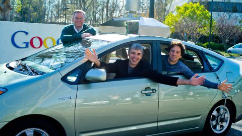 Google's Eric Schmidt, Larry Page and Sergey Brin in a  self-driving car on January 20, 2011
