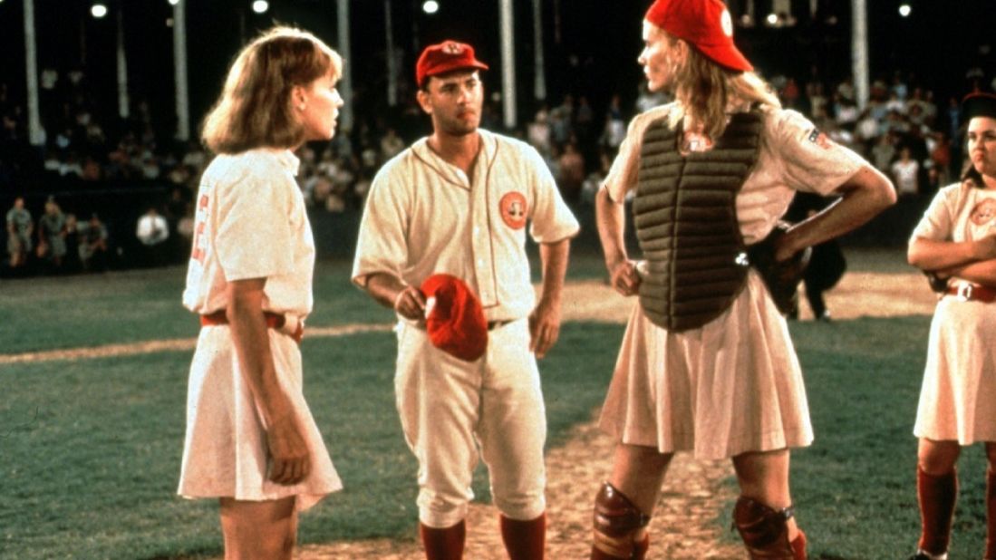 "There's no crying in baseball," Tom Hanks, center, famously said as manager Jimmy Dugan in 1992's "A League of Their Own." The World War II-set baseball dramedy, also starring Geena Davis, right, follows the rise of the All-American Girls Professional Baseball League.