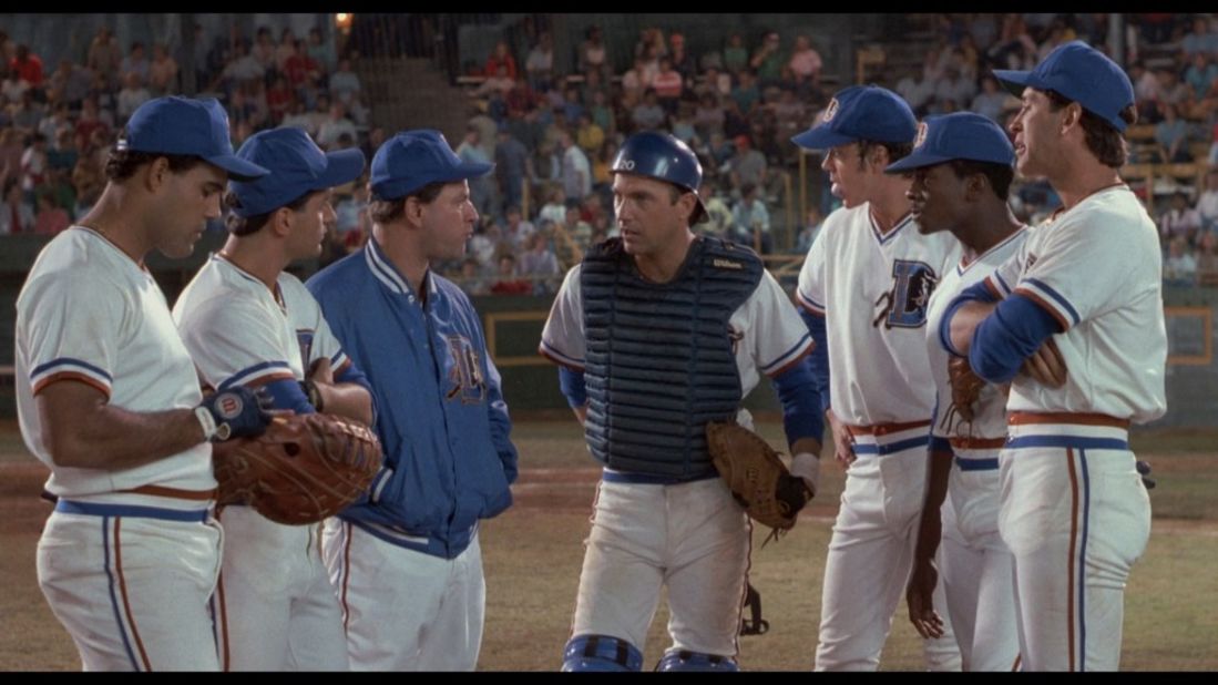 "Bull Durham," one of Kevin Costner's many baseball films, features the actor as minor league catcher "Crash" Davis. Davis, center, works to prepare a rookie pitcher (Tim Robbins), while Susan Sarandon's character falls for the pair of them.