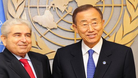U.N. Secretary-General Ban Ki-Moon greets Cyprus President Demetris Christofias at U.N. headquarters in New York Monday.