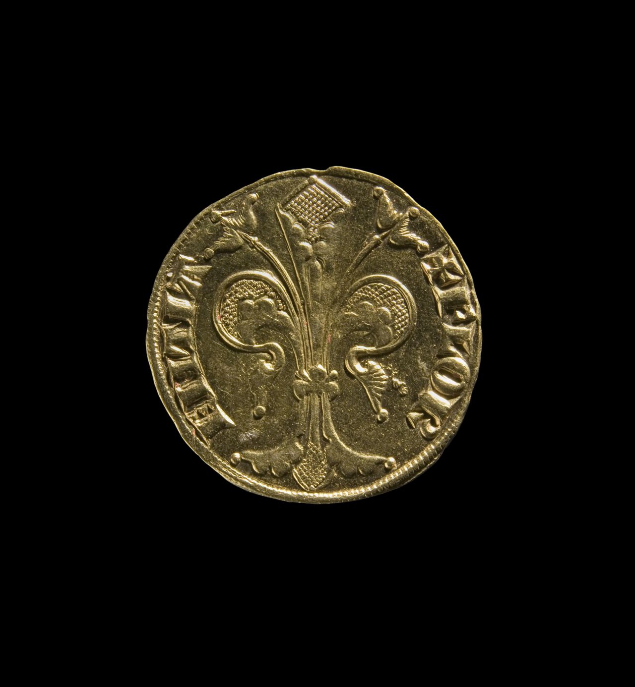 A gold florin from Florence, 1252-1303. The Florin was a gold coin that was used as a stable currency all over Europe.