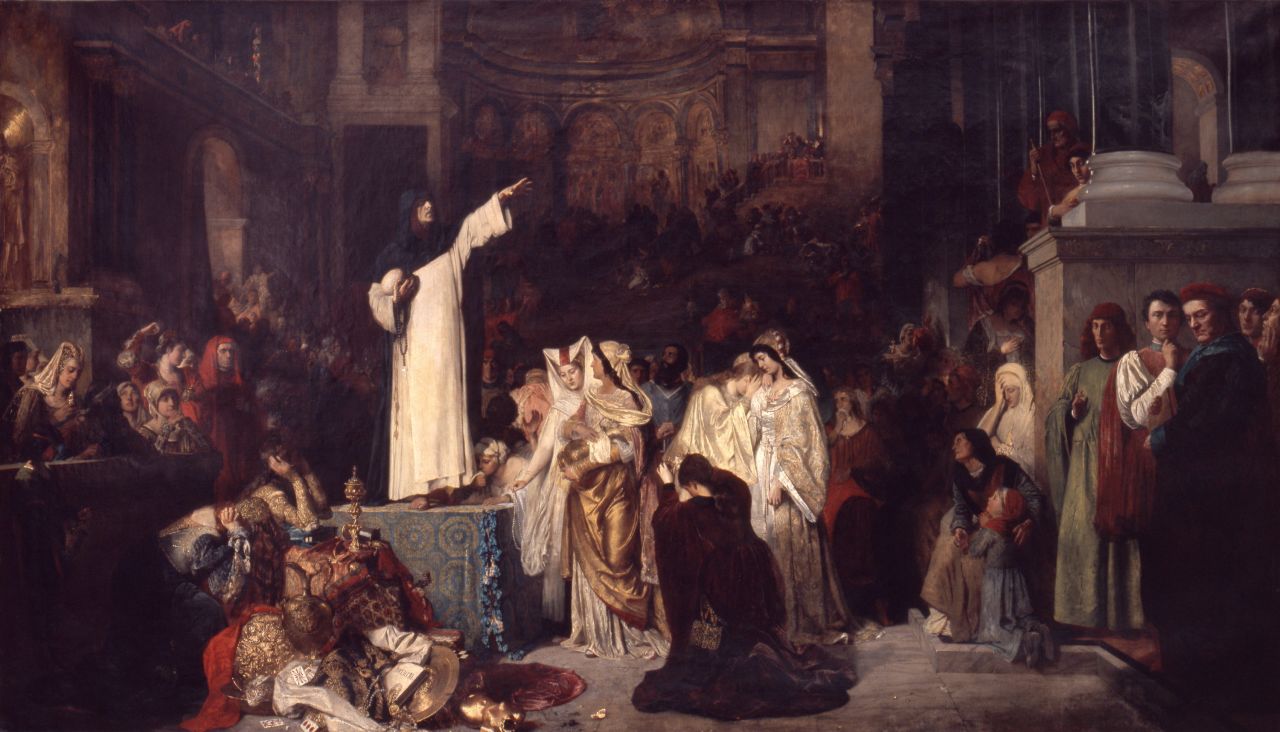 Savonarola warned of the risks of wealth and ostentation. Ludwig von Langenmantel's 1881 painting "Savonarola Preaching Against Luxury and Preparing the Bonfire of the Vanities," imagines him as a lone, austere figure standing up to a decadent world.