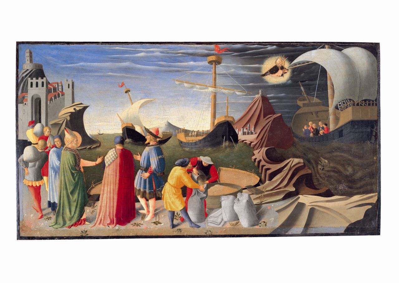 "St Nicholas with the Emperor's Envoy and The Miraculous Rescue of a Sailing Vessel," painted between 1437 and 1449, by Fra Angelico.  Given the extensive use of gold in the frame, this work is thought to have been commissioned by wealthy patrons. It depicts a merchant ship assailed by storms, finally coming safely to port.
