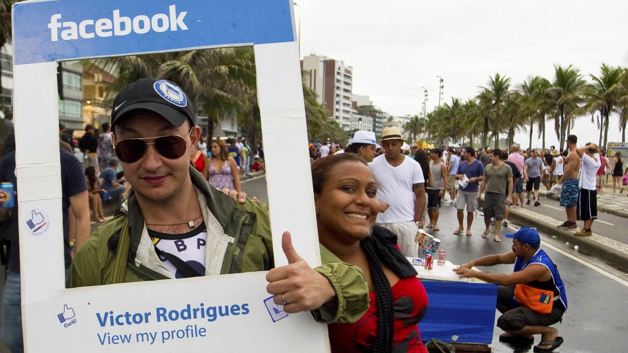 A man dressed as a Facebook profile celebrates Carnival in Rio de Janeiro in March.