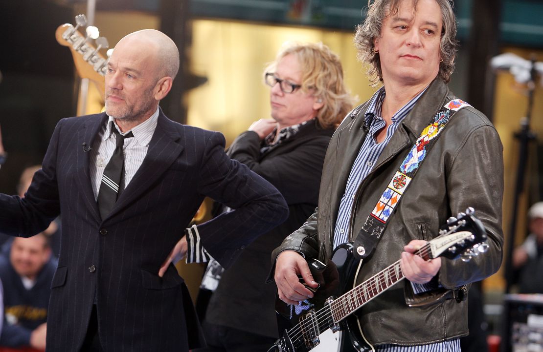 Michael Stipe, Mike Mills and Peter Buck of R.E.M. perform on "Today" in 2008.