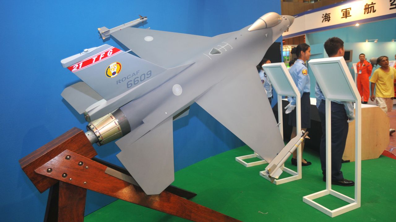 A model of a US-made F-16 fighter jet is displayed at the Taipei World Trade Centre at the opening of the Taipei Aerospace and Defence Technology Exhibition on August 10.
