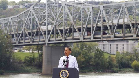 President Obama speaks in Ohio at the Brent Spence Bridge, which he says is not designed to hold its current traffic load.