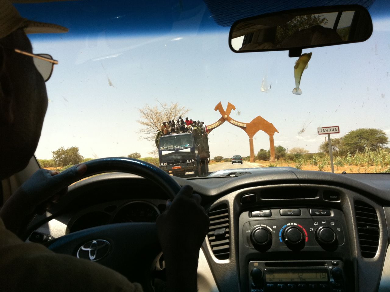 Driving along the road, camel-styled gates mark Tahoua, about 400 kilometers (270 miles) from Agadez.