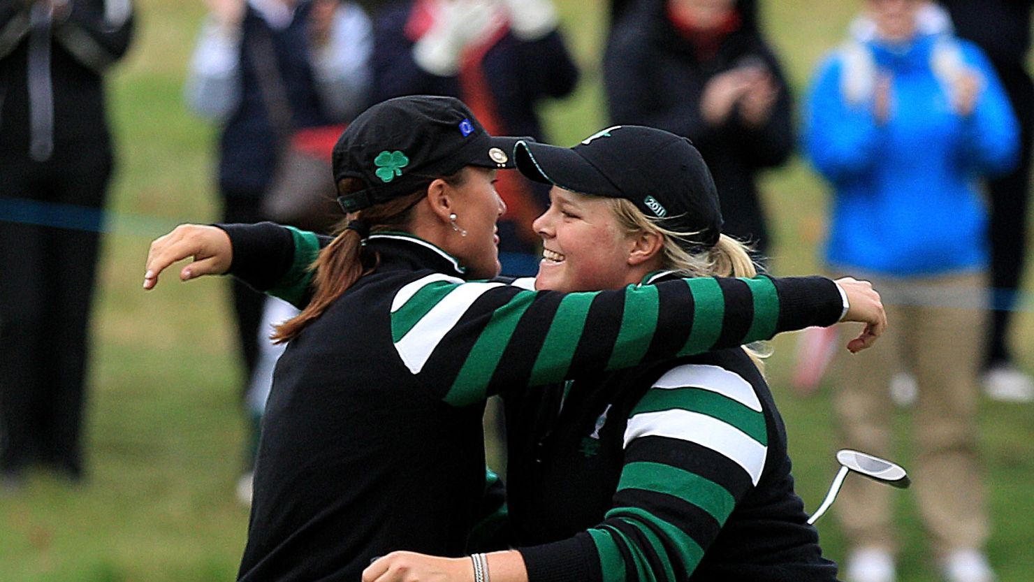 Sophie Gustafson and Caroline Hedwall celebrate their afternoon fourballs victory for Europe