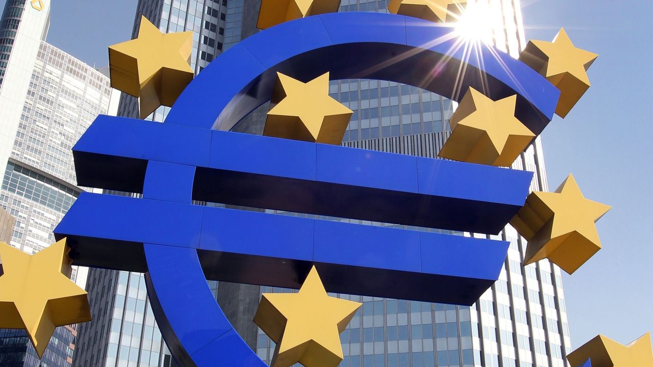 The Euro logo stands in front of the European Central Bank (ECB) in Germany.
