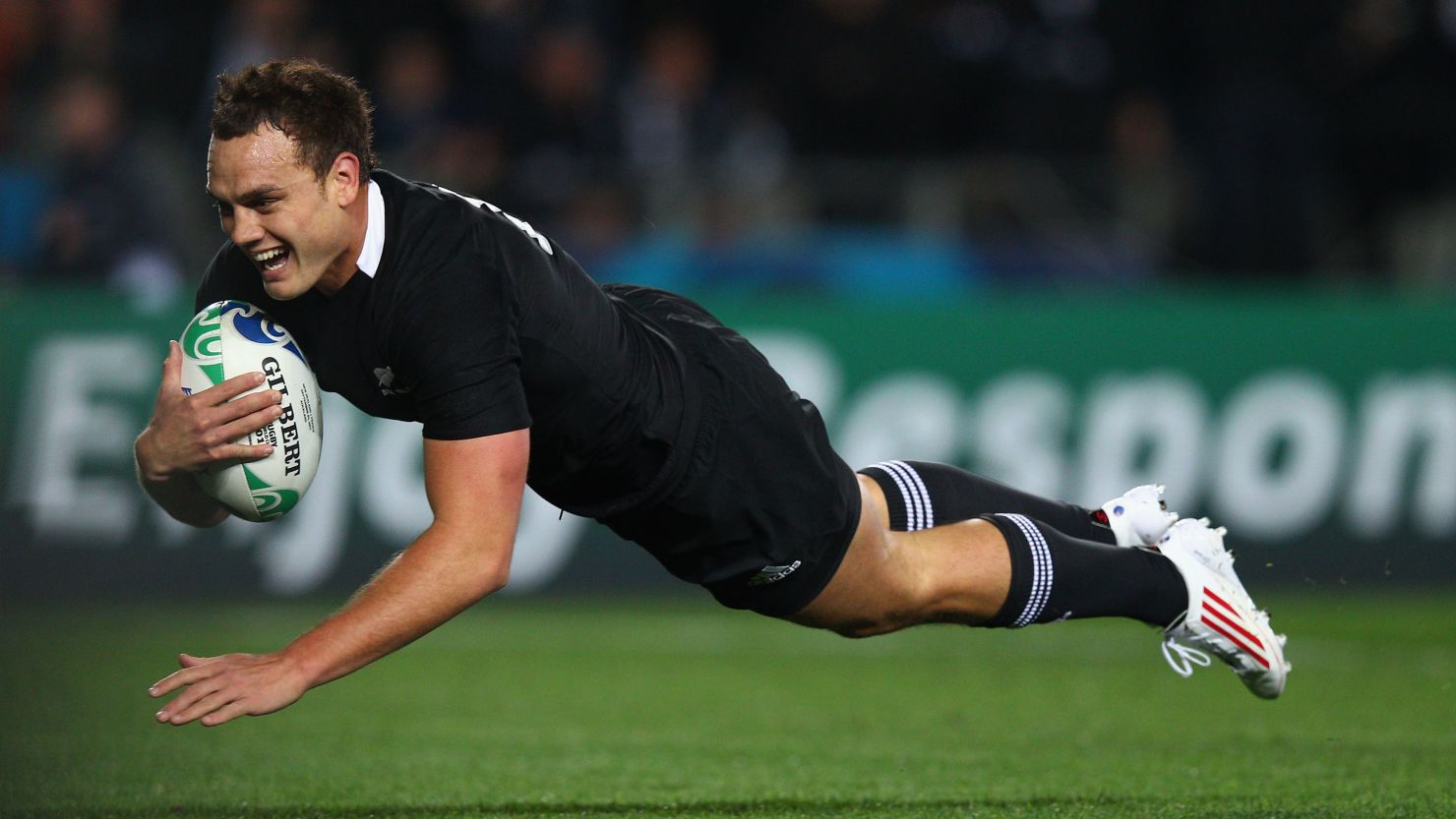 Israel Dagg goes over to score the first of his two tries against France at the Rugby World Cup on Saturday.