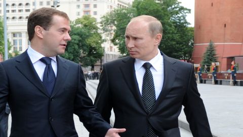 The Russian president and prime minister pictured at the tomb of the unknown soldier in June 2011.
