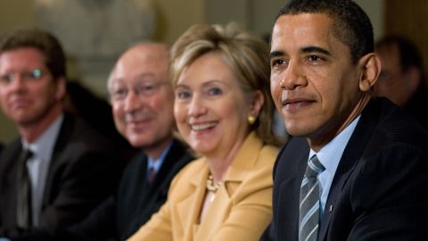 President Barack Obama sits beside Secretary of State Hillary Clinton during a Cabinet meeting in April 2009.