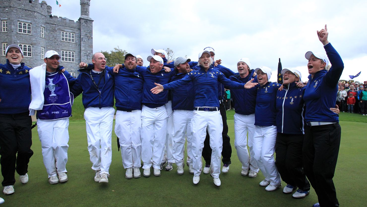 The winning European team celebrate their 15-13 win over the United States in the Solheim Cup