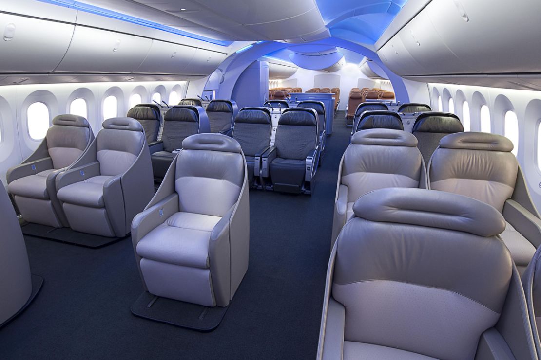 The new Dreamliner 787's LED interior lights can change the mood inside the cabin. 